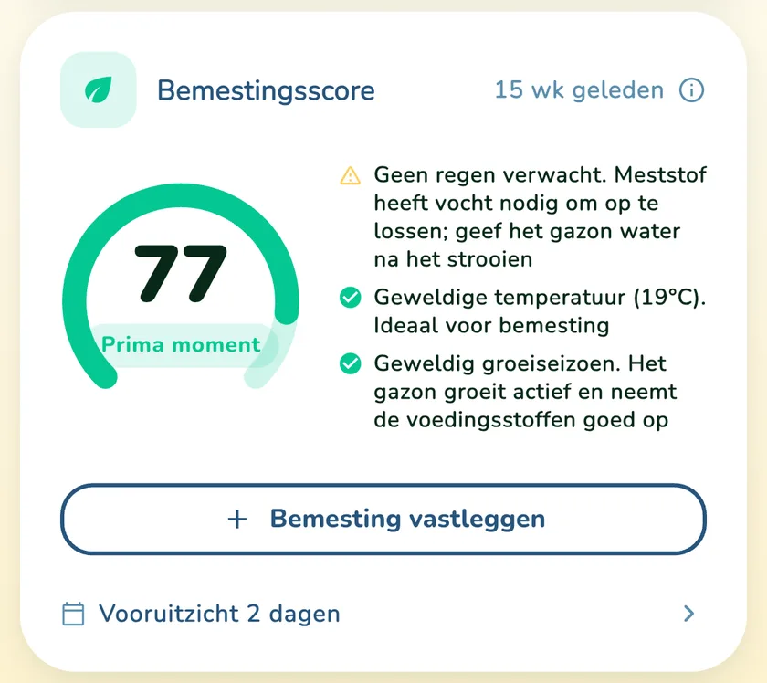 Meststofscore 77 in de app What a Green Lawn voor een gazon in Utrecht