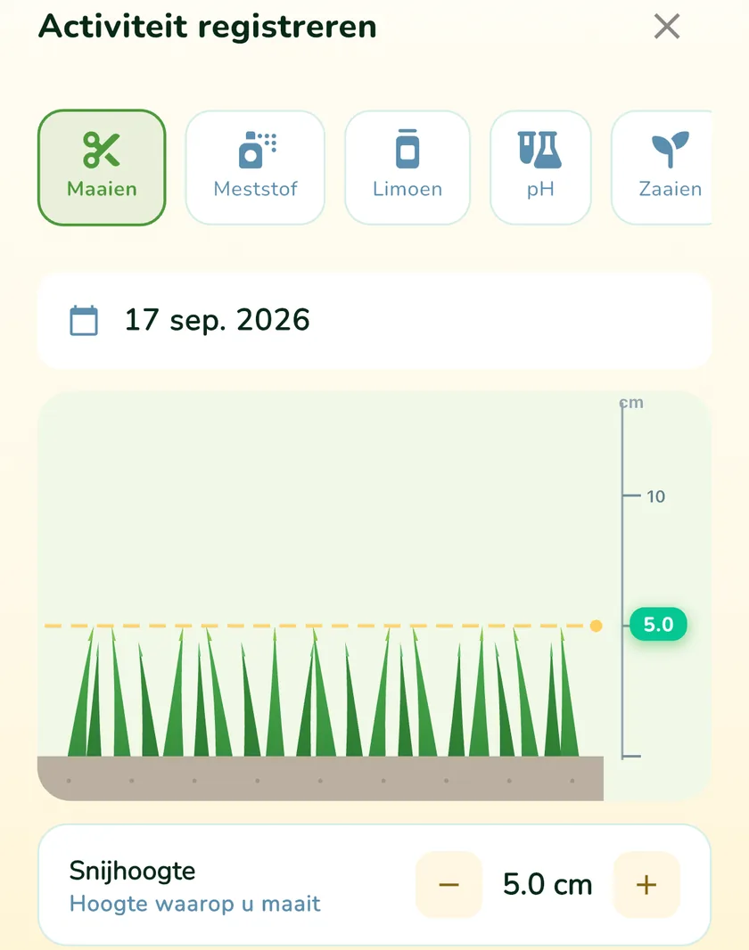 Activiteit registreren in de app What a Green Lawn met een maaihoogte van 5 cm