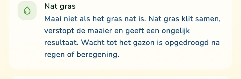 Regel over nat gras in de maaidetails van de app What a Green Lawn voor een gazon in Utrecht