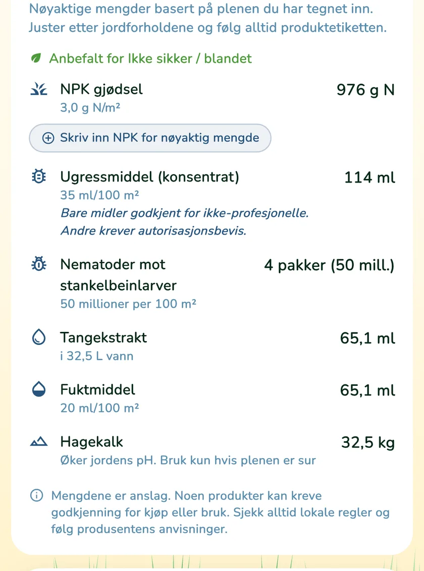 Hagekalk i produktmengdene i appen What a Green Lawn for en plen i Oslo