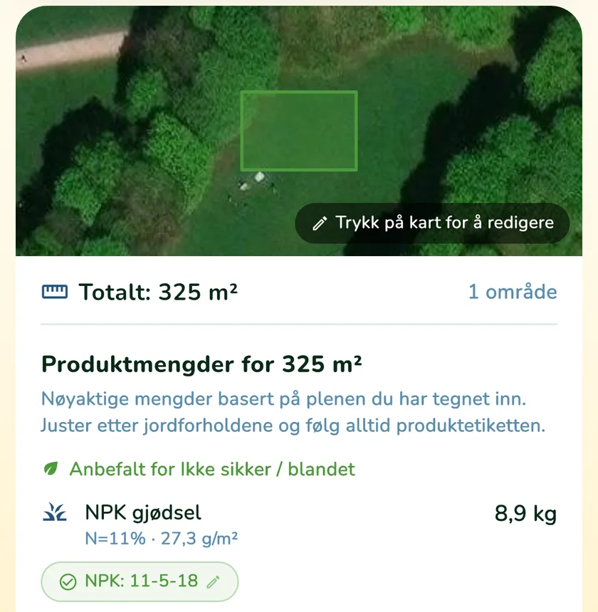 Produktmengder for en plen på 325 m² i appen What a Green Lawn