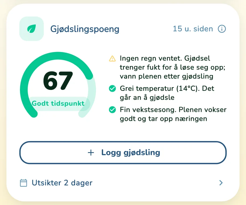 Gjødselpoeng 67 i appen What a Green Lawn for en plen i Oslo