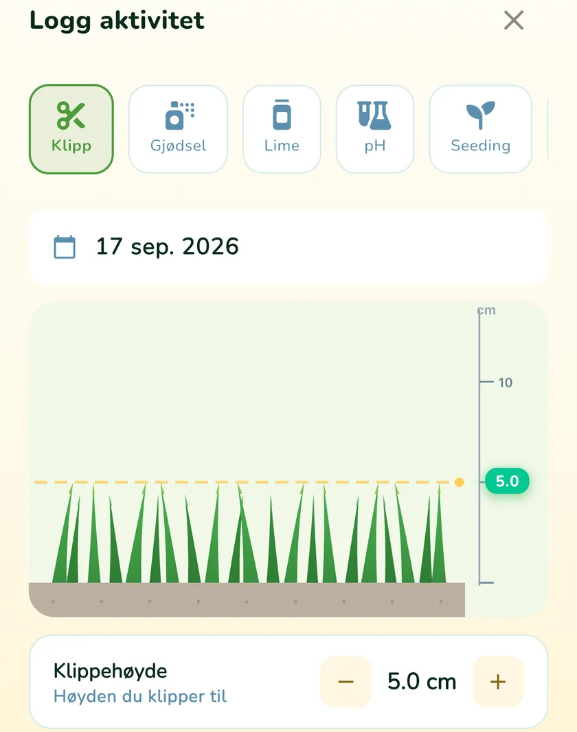 Logg aktivitet i appen What a Green Lawn med klippehøyde 5 cm