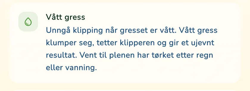 Regelen om vått gress i klippedetaljene i appen What a Green Lawn for en plen i Oslo