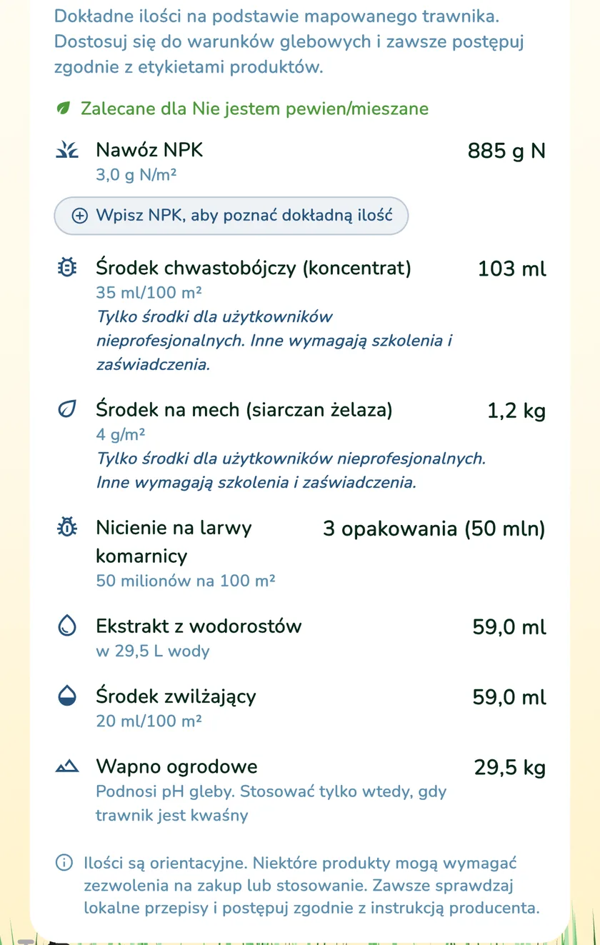Wapno ogrodowe w ilościach produktów w aplikacji What a Green Lawn dla trawnika w Krakowie
