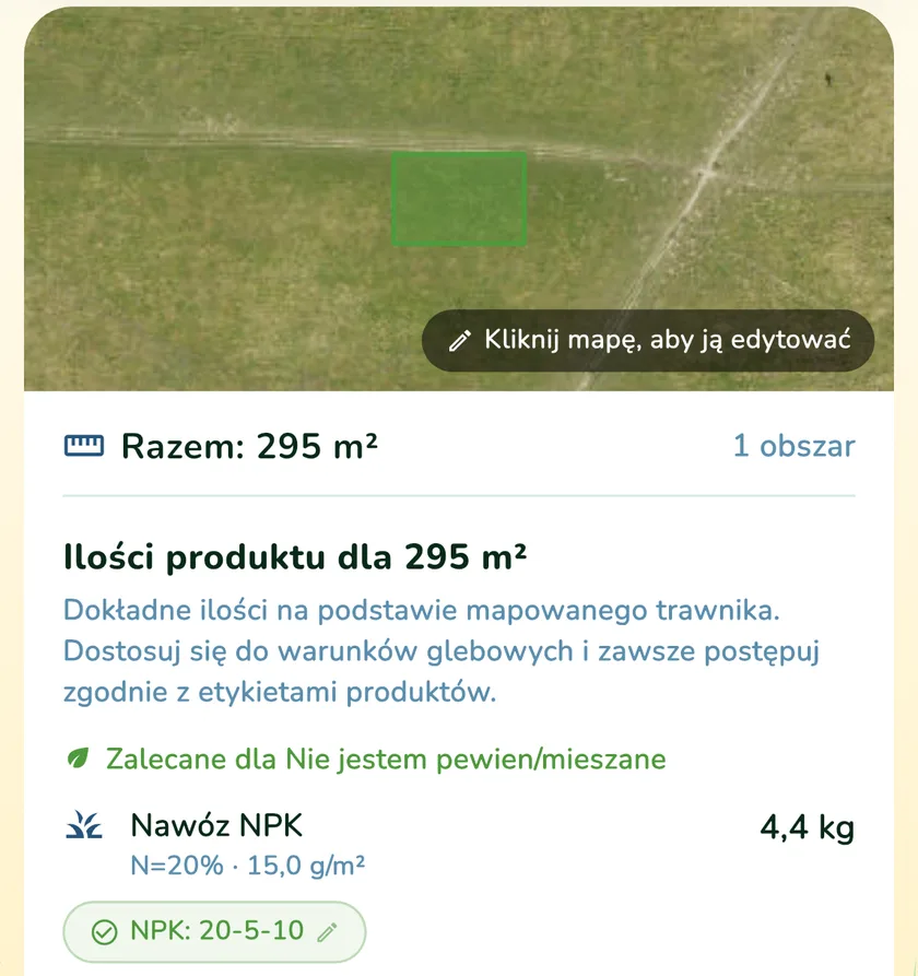 Ilości produktów dla trawnika 295 m² w aplikacji What a Green Lawn