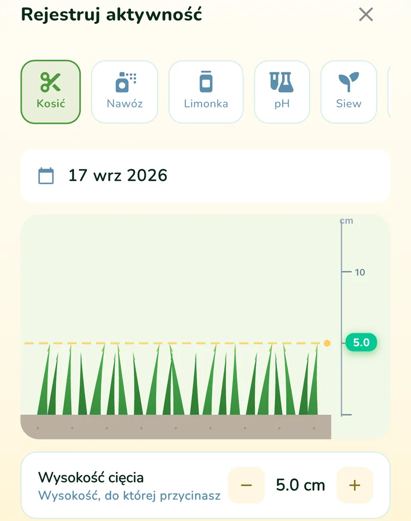 Dodawanie aktywności w aplikacji What a Green Lawn z wysokością koszenia 5 cm