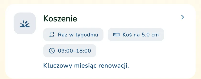 Karta koszenia w kalendarzu aplikacji What a Green Lawn dla trawnika w Krakowie we wrześniu