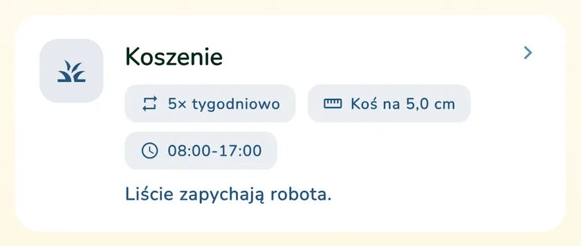 Karta koszenia robotem w kalendarzu aplikacji What a Green Lawn dla trawnika w Krakowie