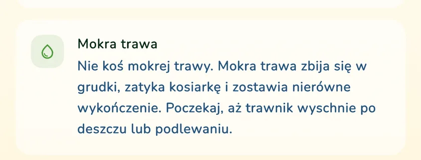Zasada o mokrej trawie w szczegółach koszenia w aplikacji What a Green Lawn dla trawnika w Krakowie