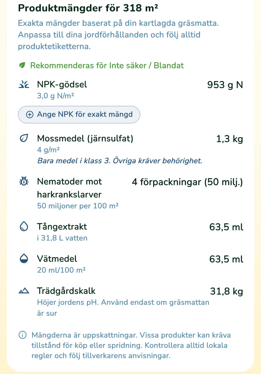 Trädgårdskalk i produktmängderna i appen What a Green Lawn för en gräsmatta i Göteborg