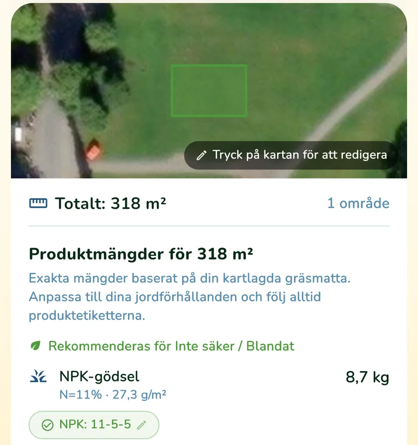 Produktmängder för en gräsmatta på 318 m² i appen What a Green Lawn