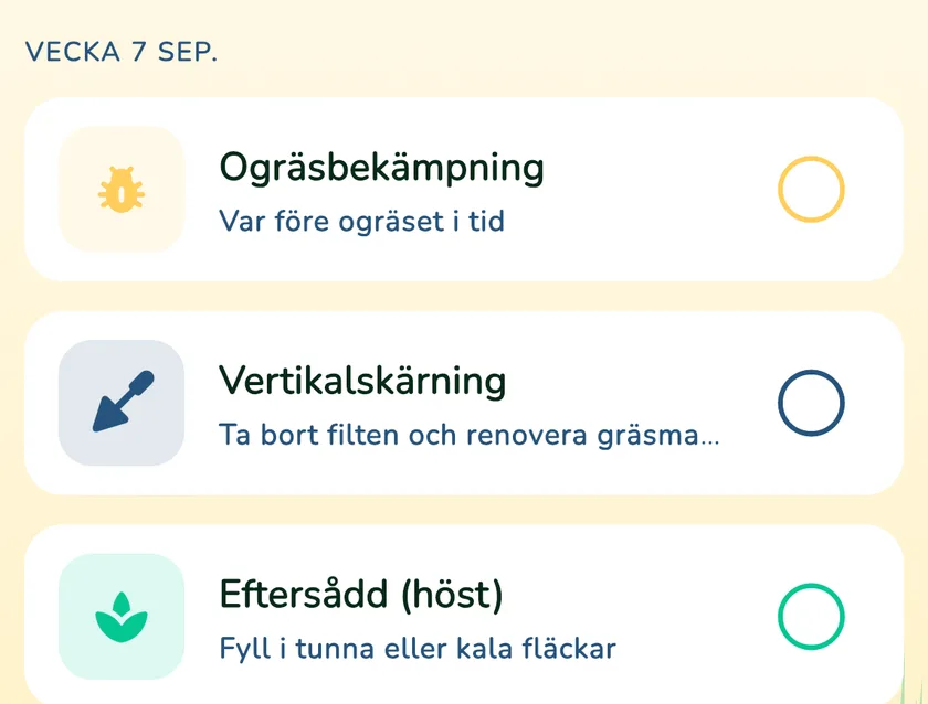 Kalenderuppgifter i appen What a Green Lawn för en gräsmatta i Göteborg