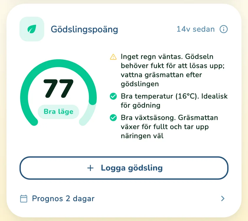 Gödselpoäng 77 i appen What a Green Lawn för en gräsmatta i Göteborg