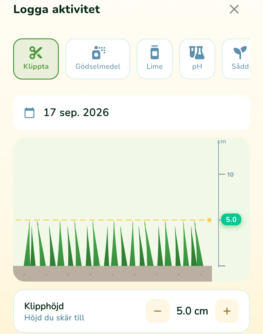 Logga aktivitet i appen What a Green Lawn med klipphöjd 5 cm