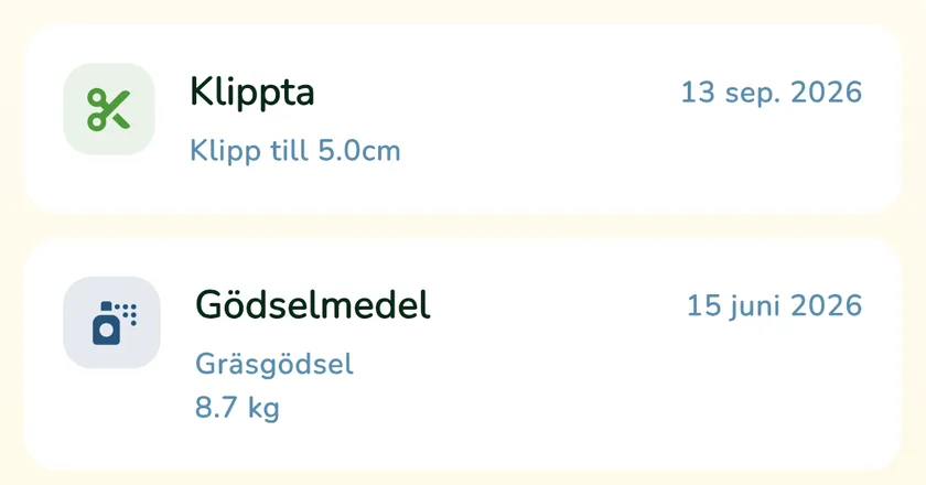 Loggbok i appen What a Green Lawn med klippning och gödsling