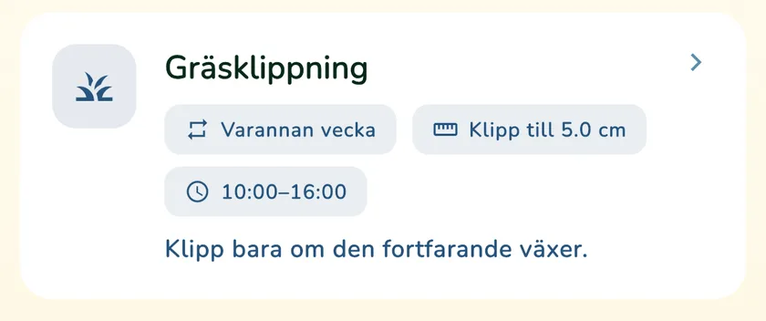 Klippkortet i kalendern i appen What a Green Lawn för en gräsmatta i Göteborg i oktober