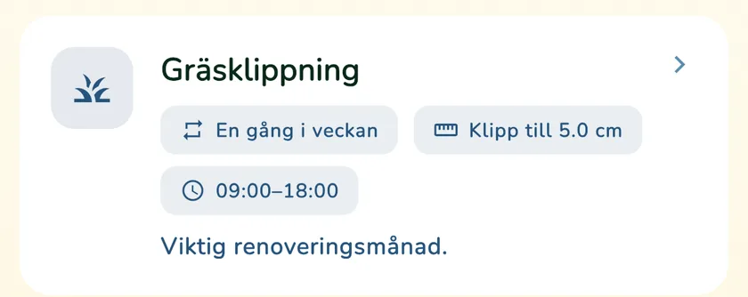 Klippkortet i kalendern i appen What a Green Lawn för en gräsmatta i Göteborg i september