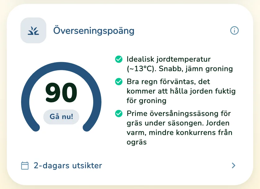 Eftersådd med poängen 90 i appen What a Green Lawn för en gräsmatta i Göteborg