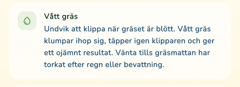 Regeln om blött gräs i klippdetaljerna i appen What a Green Lawn för en gräsmatta i Göteborg