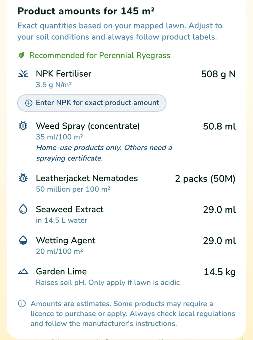 Product amounts card with garden lime in the What a Green Lawn app for a lawn in Manchester