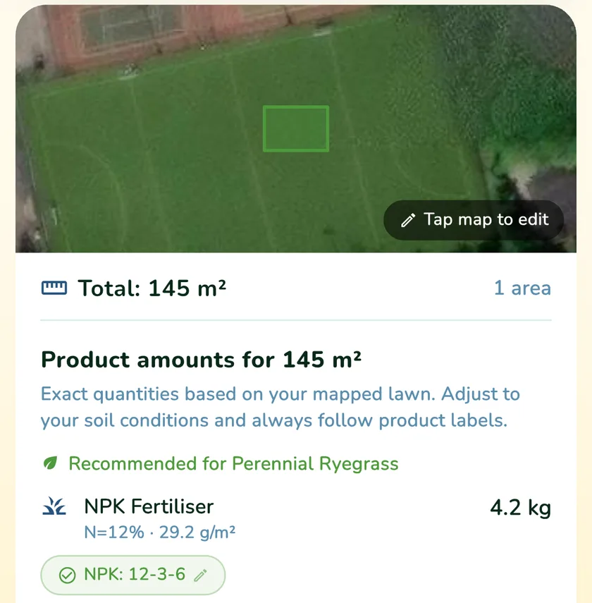 Product amounts for a 145 m² lawn in the What a Green Lawn app