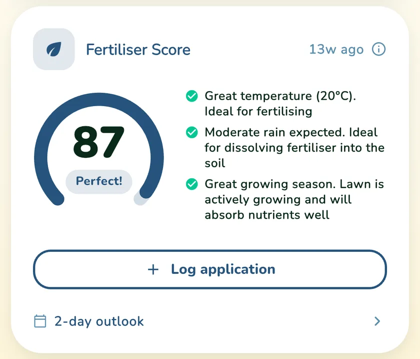 Fertiliser Score of 87 in the What a Green Lawn app for a lawn in Manchester