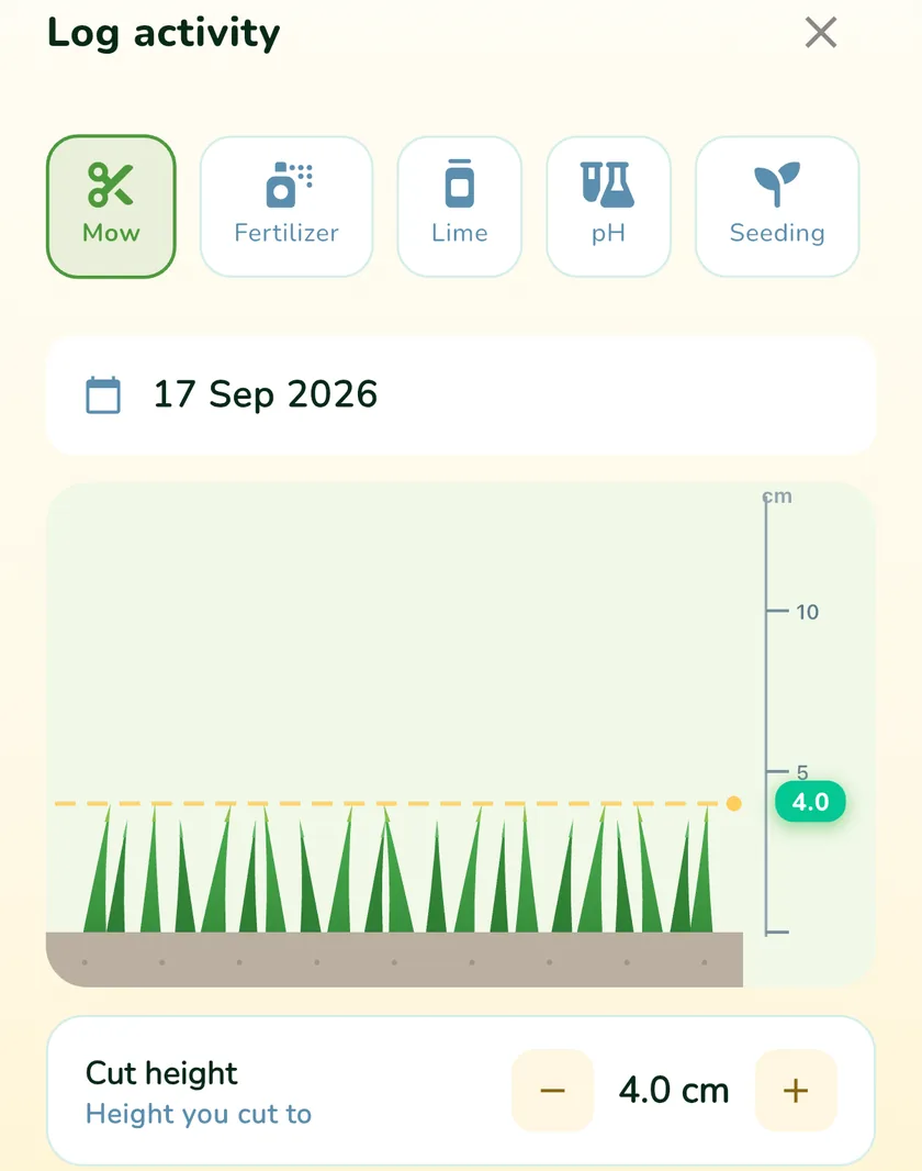 Log activity screen in the What a Green Lawn app with a 4 cm cutting height