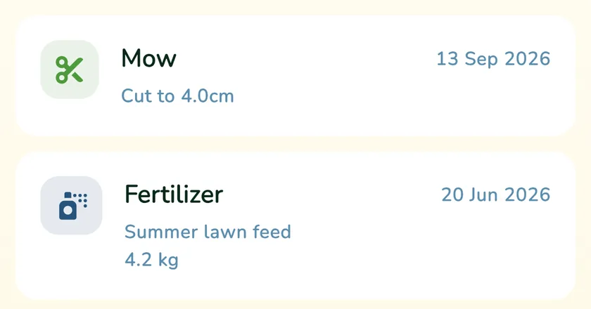 Lawn log in the What a Green Lawn app showing a mow and a feed