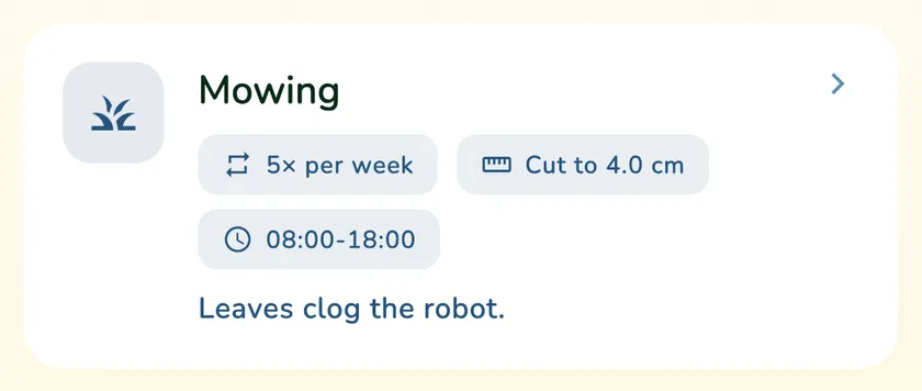 Robot mowing card in the calendar of the What a Green Lawn app for a lawn in Manchester