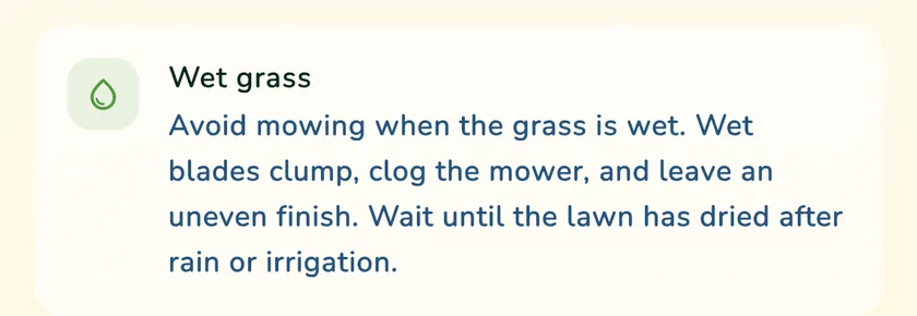 Wet grass rule in the mowing details of the What a Green Lawn app for a lawn in Manchester