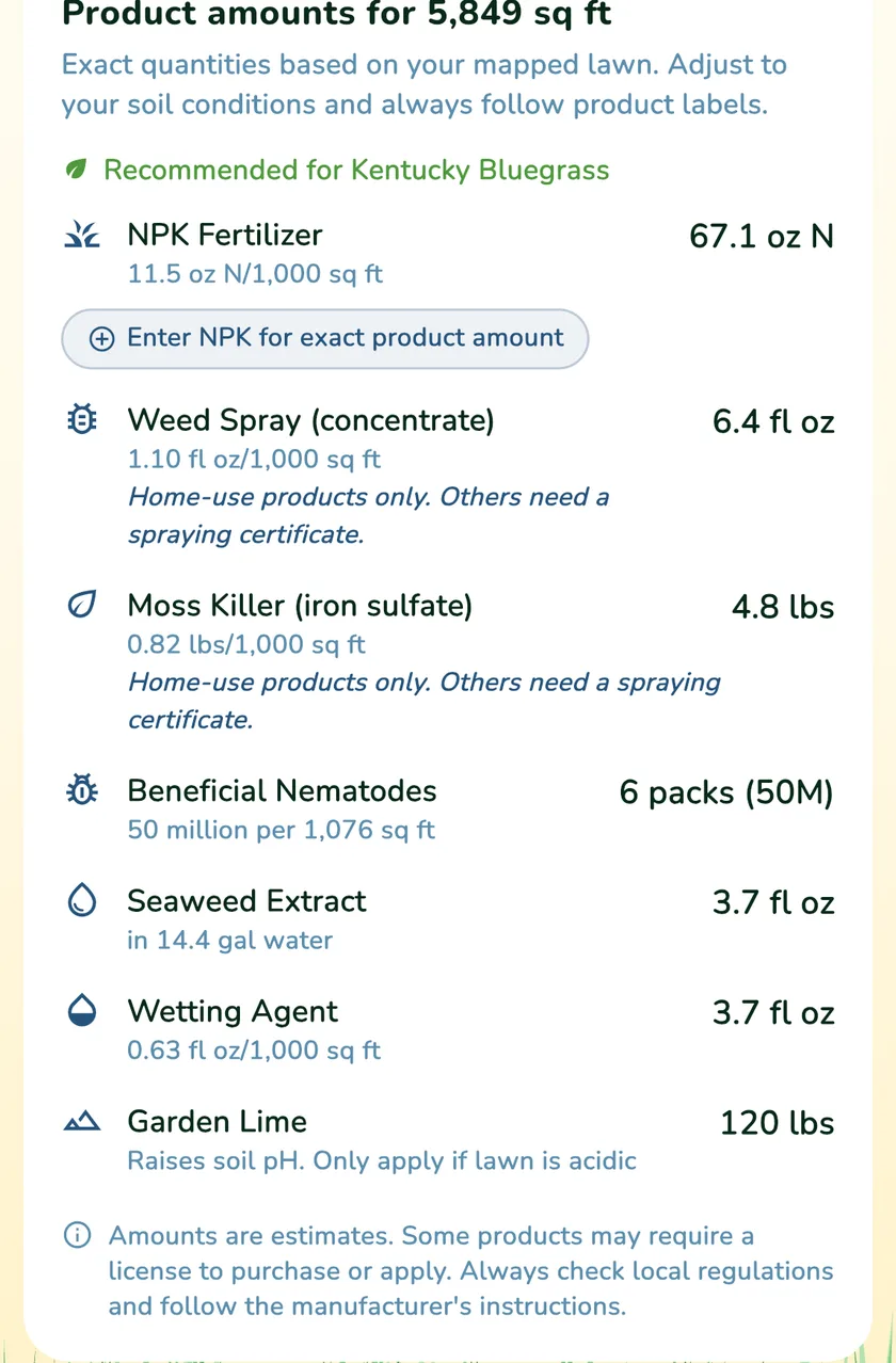 Product amounts card with garden lime in the What a Green Lawn app for a lawn in Chicago