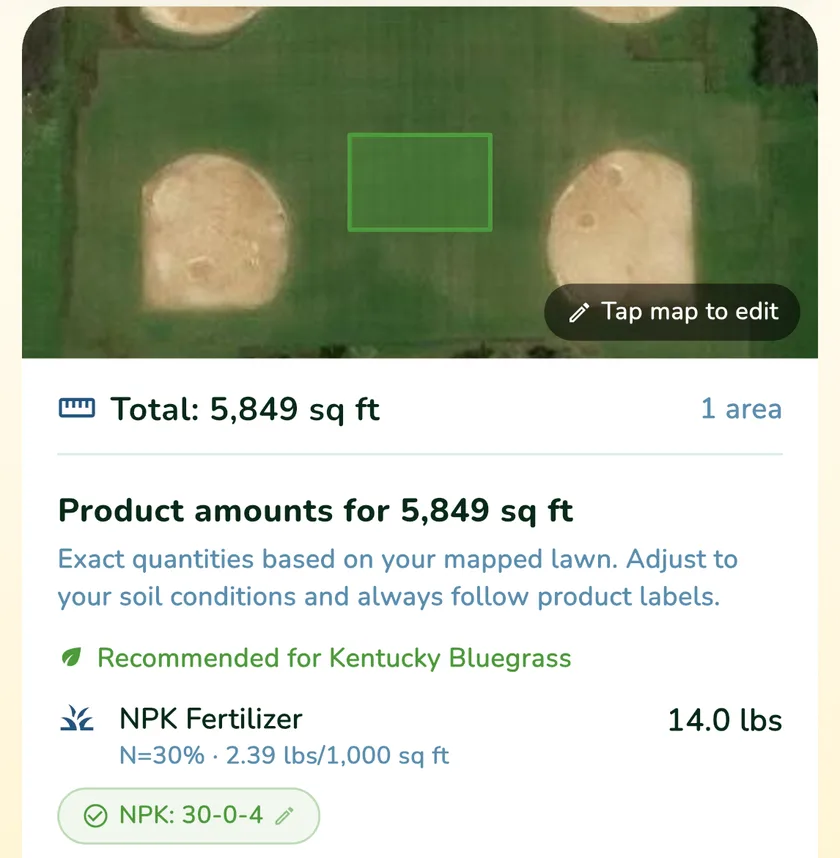 Product amounts for a 5,849 sq ft lawn in the What a Green Lawn app