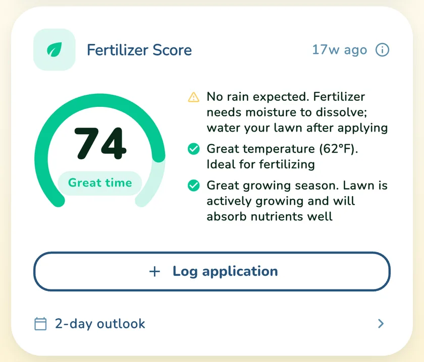 Fertilizer Score of 74 with Great time for a lawn in Chicago in the What a Green Lawn app