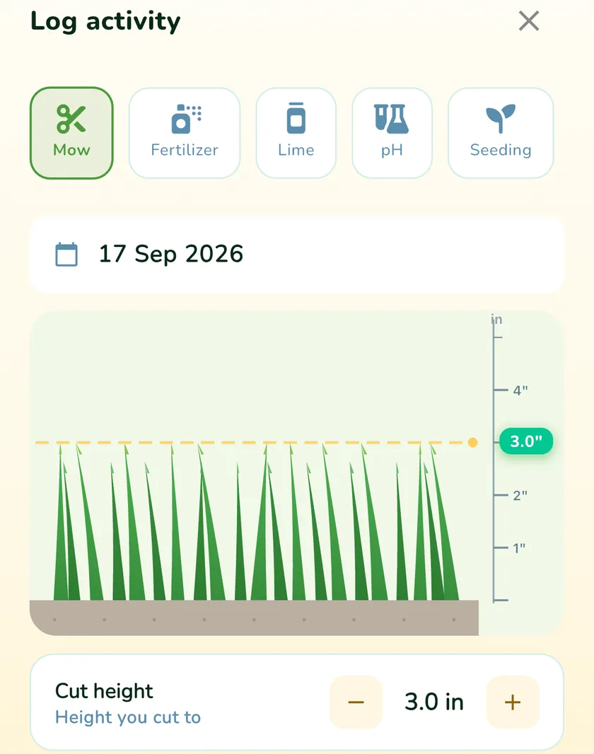 Log activity screen in the What a Green Lawn app with a 3 inch cut height