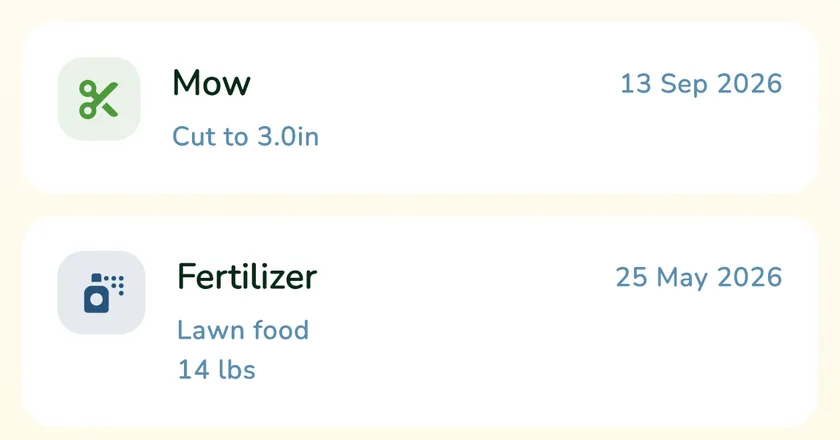 Lawn log in the What a Green Lawn app showing a mow and a fertilizer application