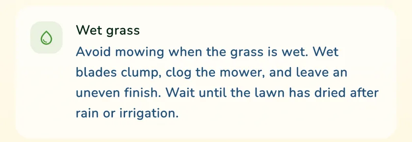 Wet grass rule in the mowing details of the What a Green Lawn app for a lawn in Chicago